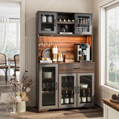 Kitchen Hutch Pantry Cabinet 71" Tall with Glass Doors
