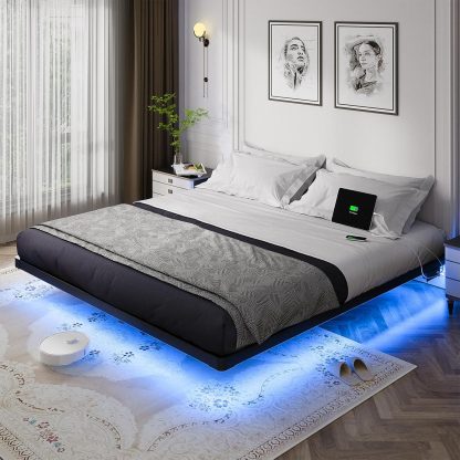 OLEVS Floating Bed Frame Queen Size with Smart LED Lights Modern Metal Platform Bed