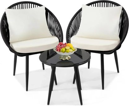 3 Piece Bistro Set Woven Rope Chair with Cushions All Weather Patio Conversation Set Side Table
