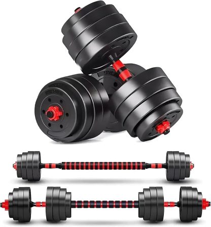 Adjustable dumbbell set, free weight dumbbell pair convertible into barbell