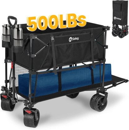 400L Large Capacity Folding Double Decker Wagon with Brakes 50" Extra Long Extender Cart