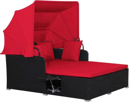 RELAX4LIFE Patio Outdoor Daybed with Canopy Wicker Sunbed Cushions 4 Pillows