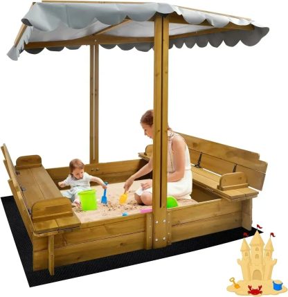 Kids Sandbox with Lid Wooden Sand Box Cover Outdoor UV-Protection Natural Wood Foldable Bench Seat