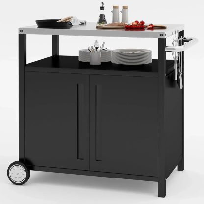 Stainless Steel Outdoor Grill Cart Pizza Oven Stand Trolley Table with Wheels Three-Shelf