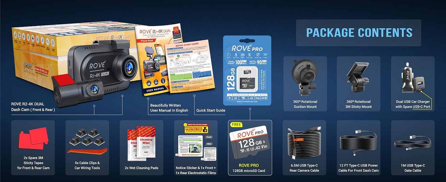 rove dash cam package contents, dash cam front and rear, dashcams for cars