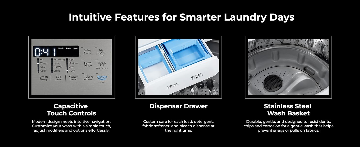 intuitive features for smarter laundry days with capacitive touch controls, catch compartment, etc