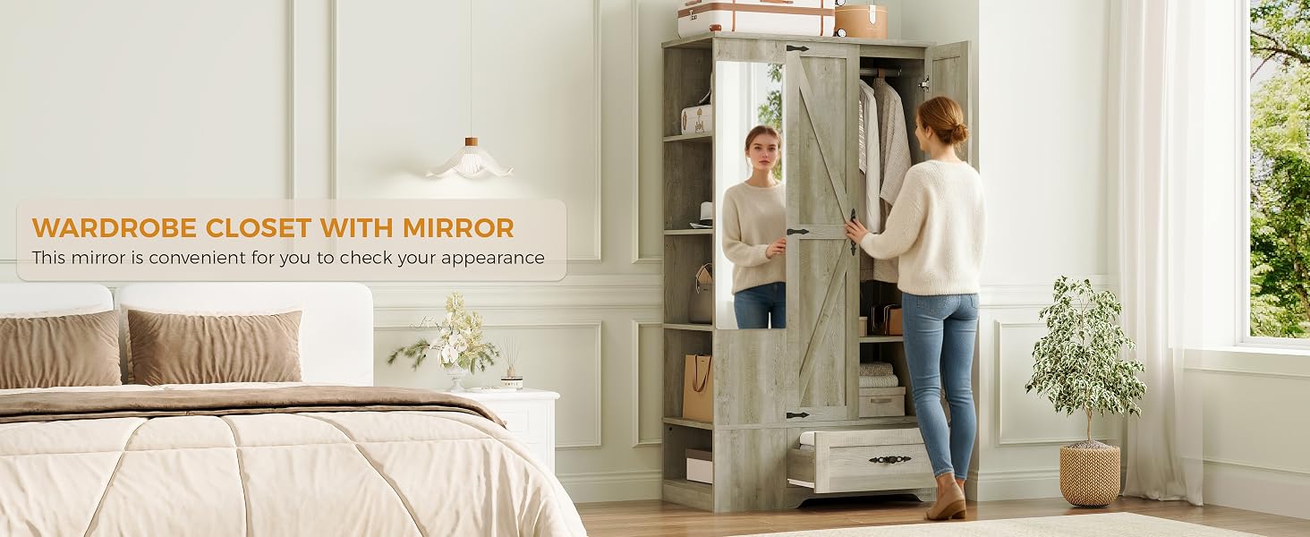 armoire wardrobe closet storage cabinet with doors shelves mirror bedroom closet wooden clothes