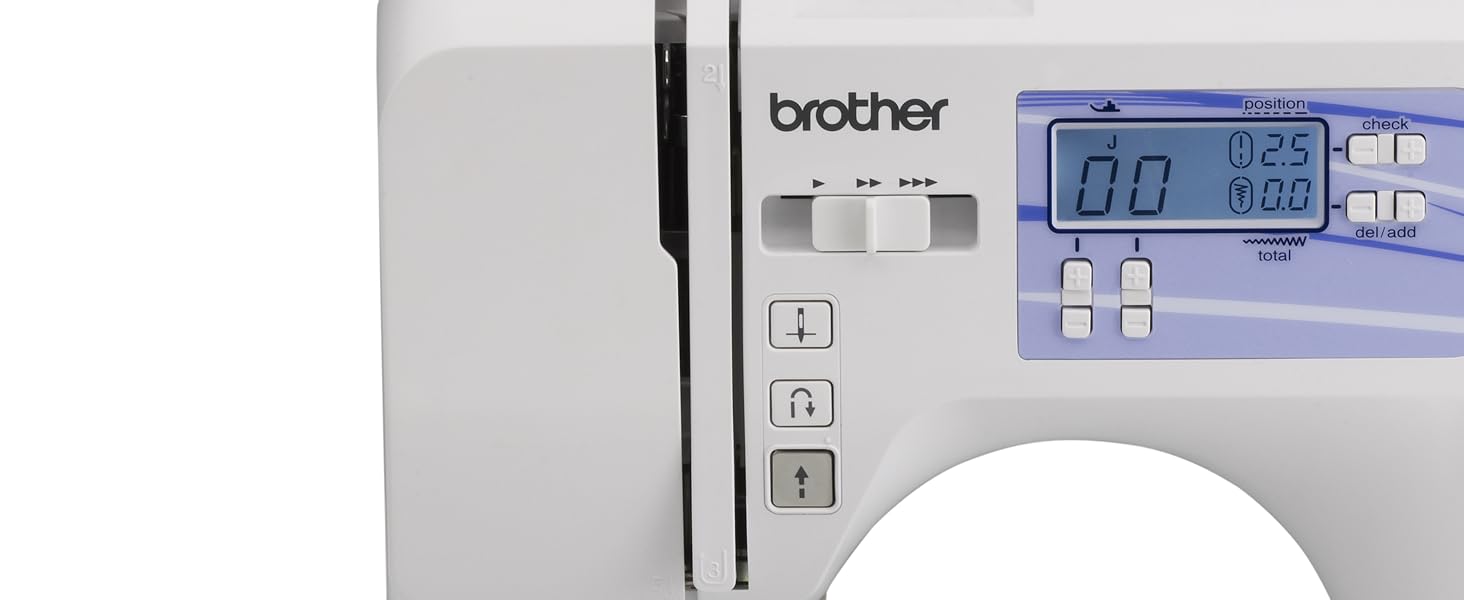 Close-up image of machine showing computerized screen, stitch, reverse, and speed control buttons
