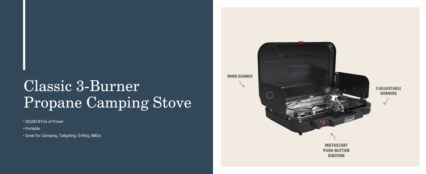 coleman classic three burner propane camping stove portable camping tailgate grill bbq wind guard
