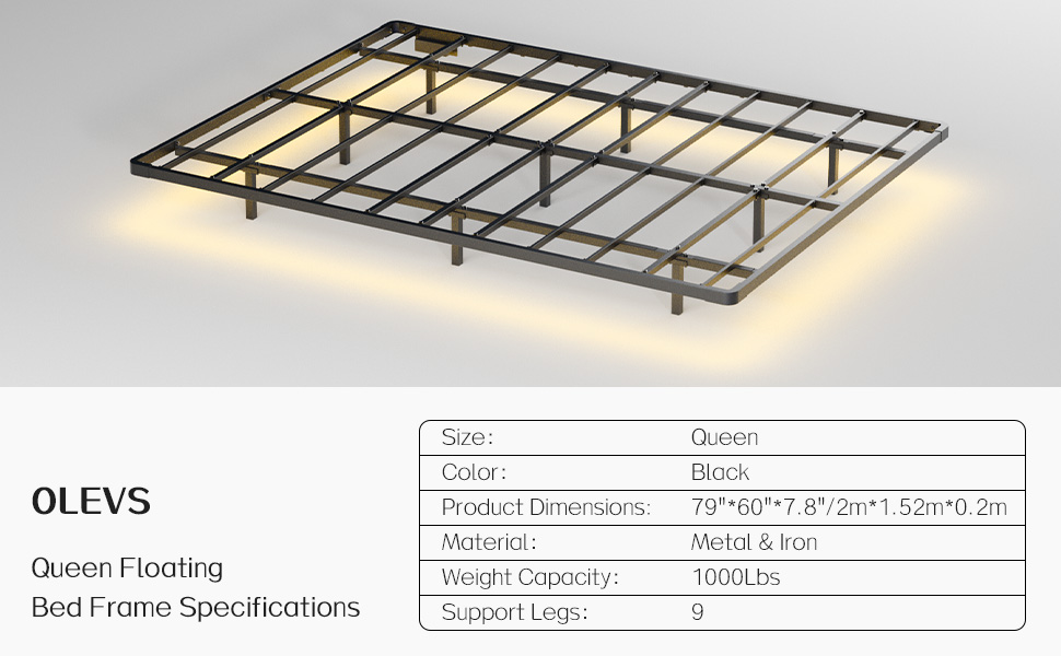 OLEVS QUEEN FLOATING BED FRAME SPECIFICATIONS