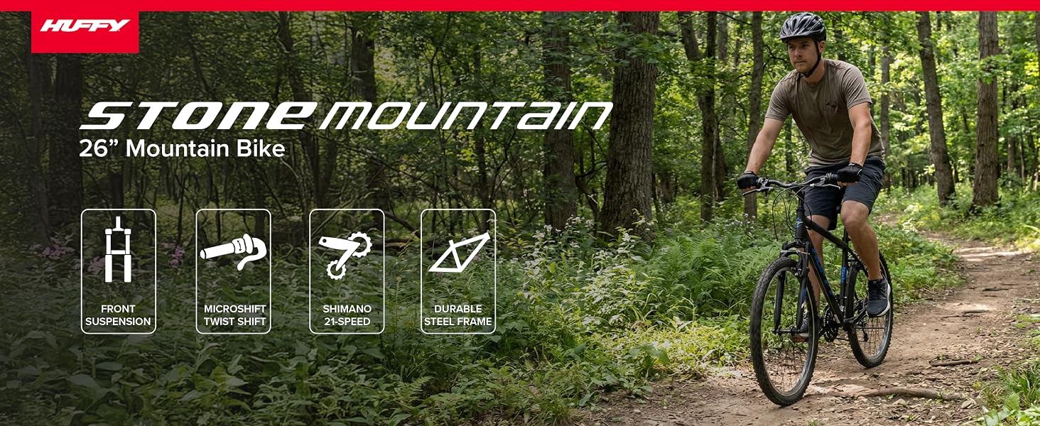 Huffy Stone Mountain mountain bike with front suspension and rugged all terrain tires
