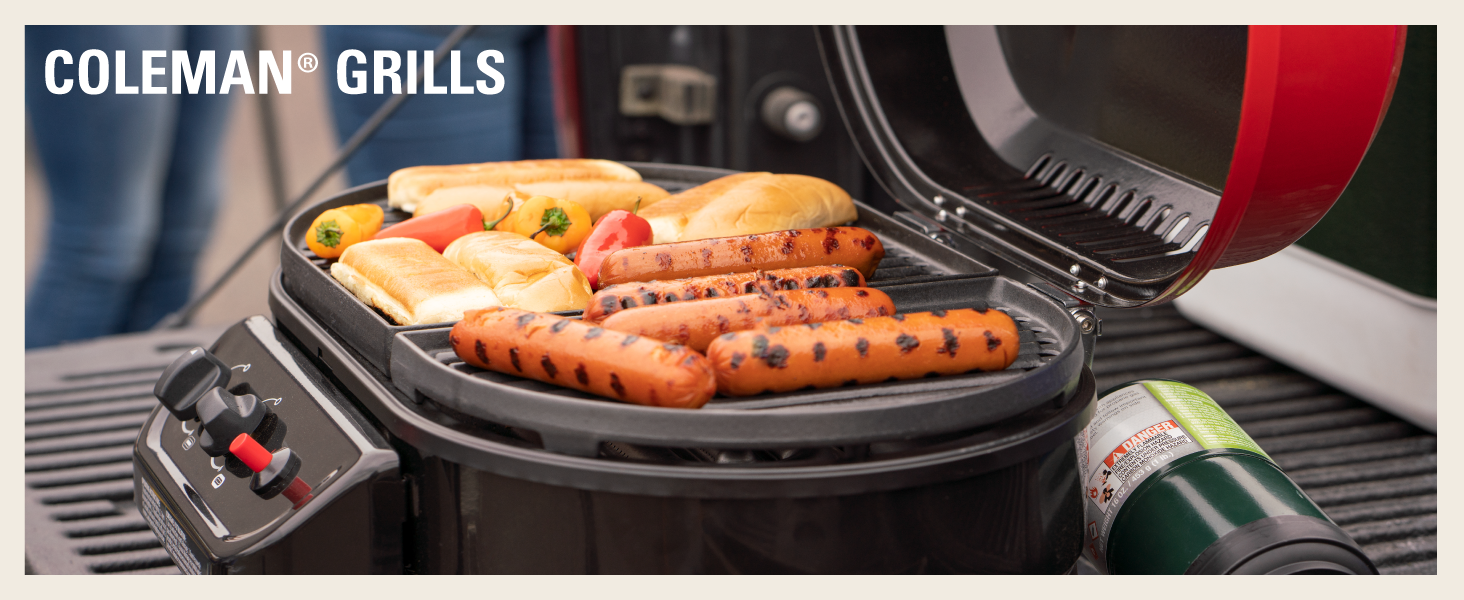 coleman grill hot dog buns peppers tailgate backyard party friends family dinner lunch easy gas lid