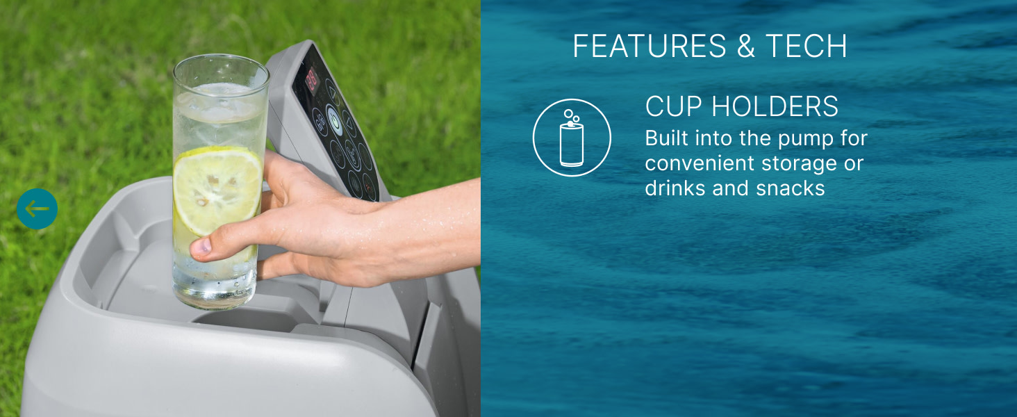 A hand placing a glass of lemon water into a built-in cup holder, next to its detailed features.