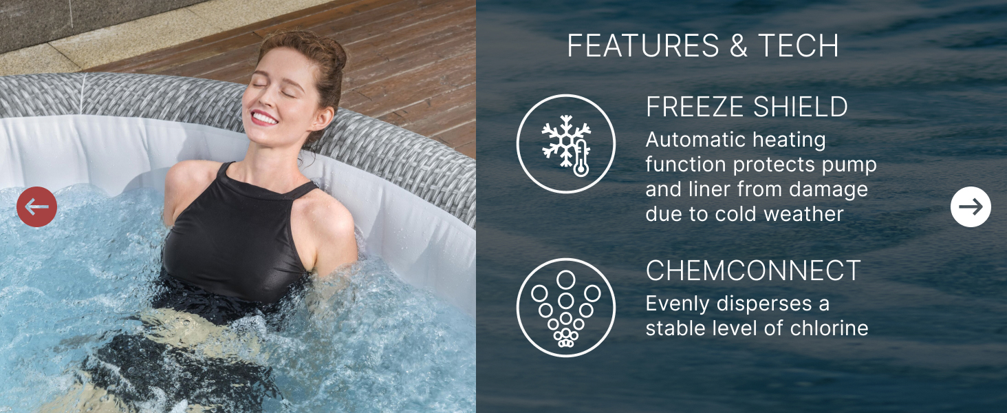 Features &amp; Tech: Freeze Shield and ChemConnect with image of person inside a hot tub.