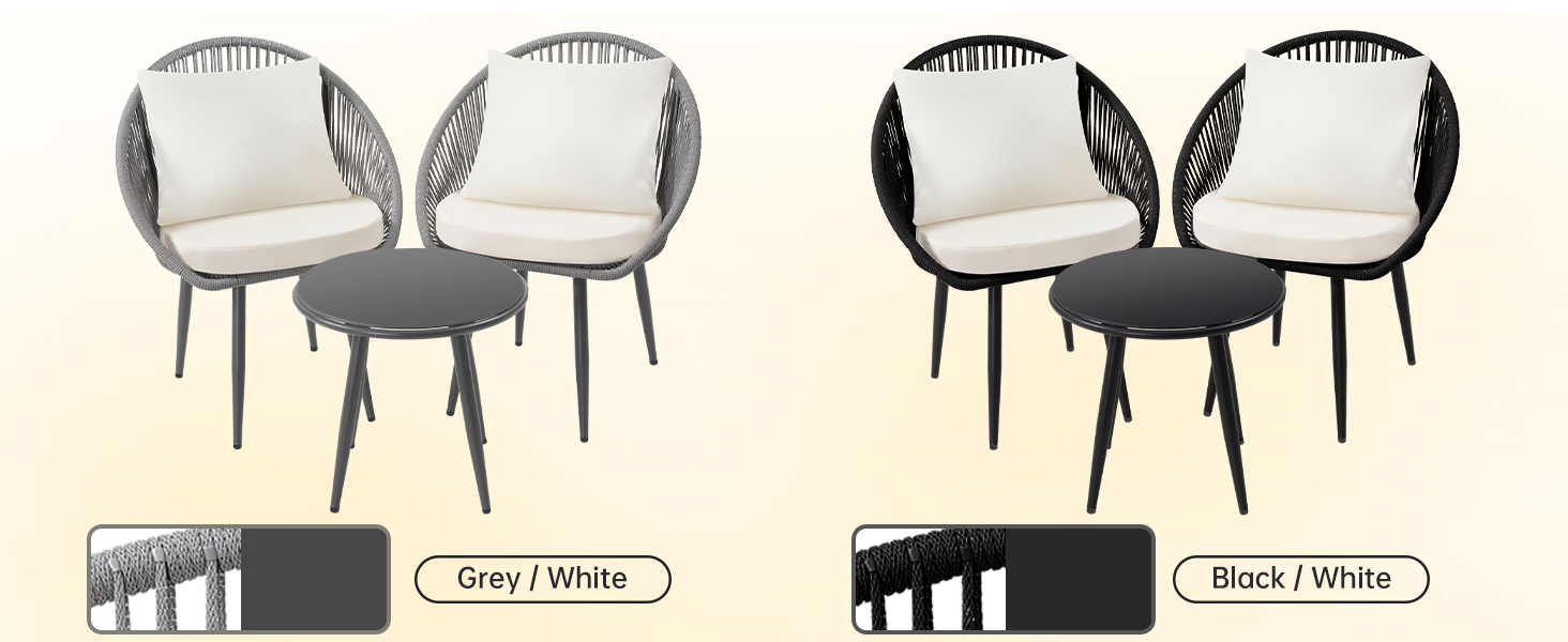3 Pieces Bistro Set, Woven Rope Chair with Cushions, All Weather Conversation Set and Side Table