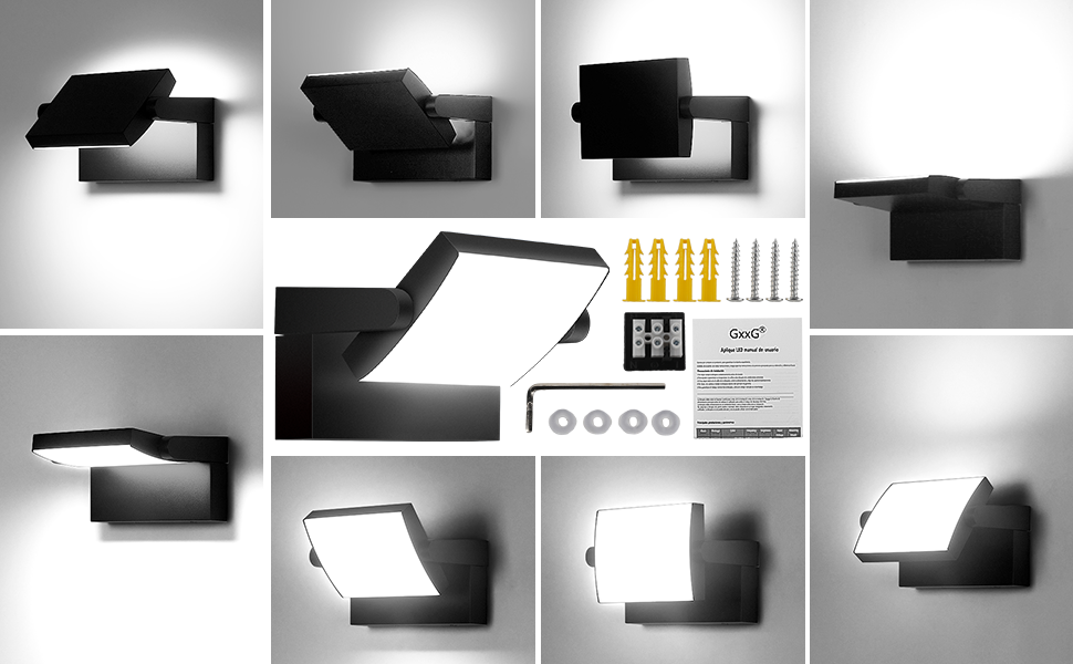 Modern wall-mounted LED light fixture in various positions. Black, rectangular design with adjustable angled panel. Includes mounting hardware and installation instructions.