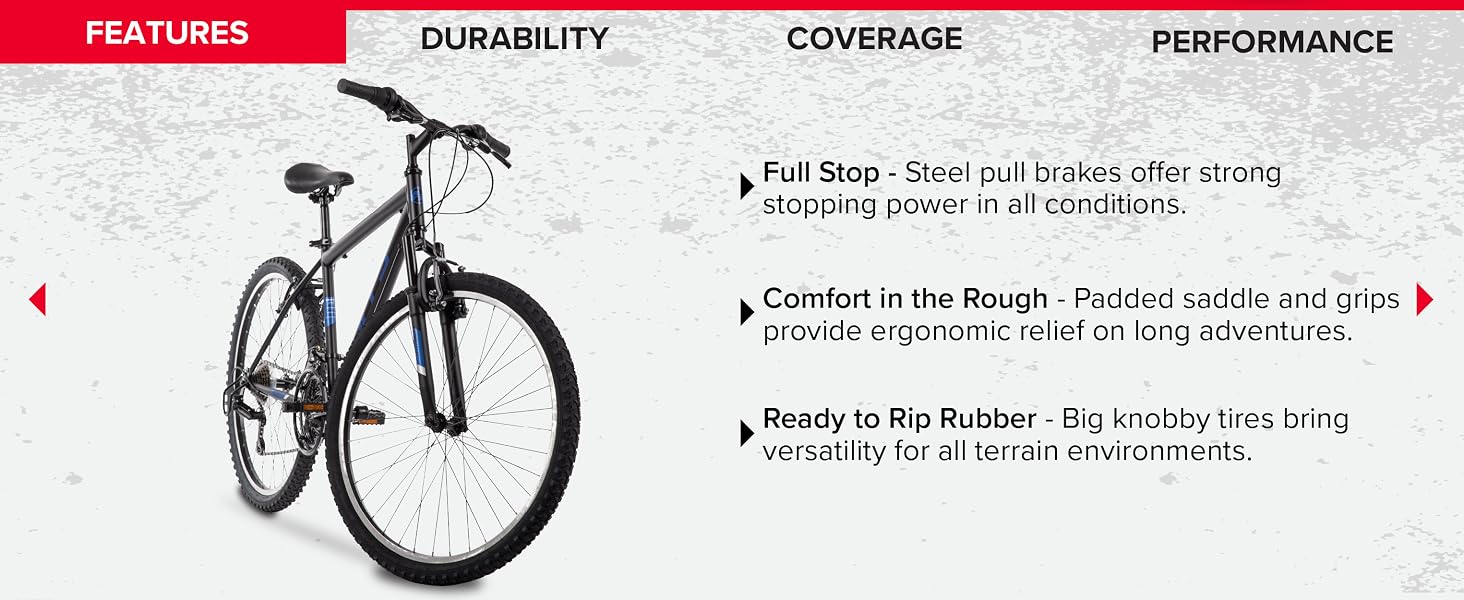 Huffy Stone Mountain mountain bike with front suspension and rugged all terrain tires