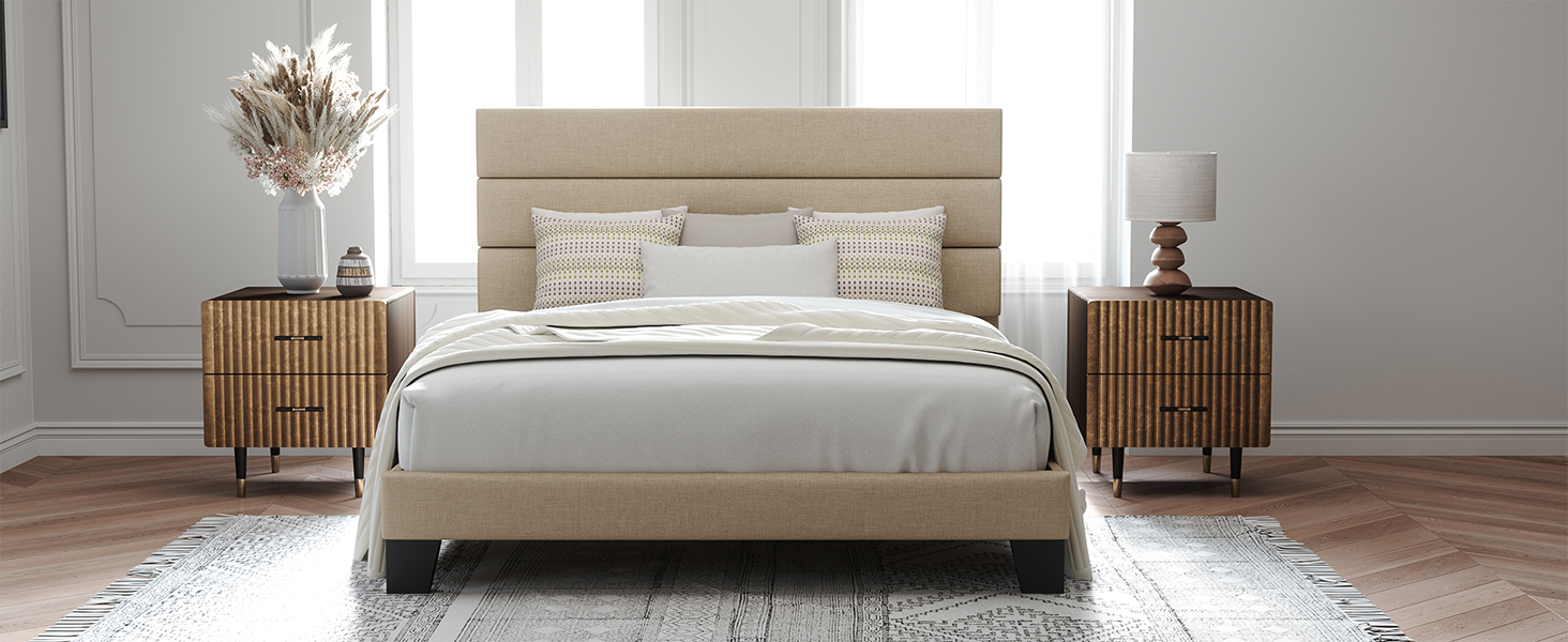 beige bed frame with upholstered headboard