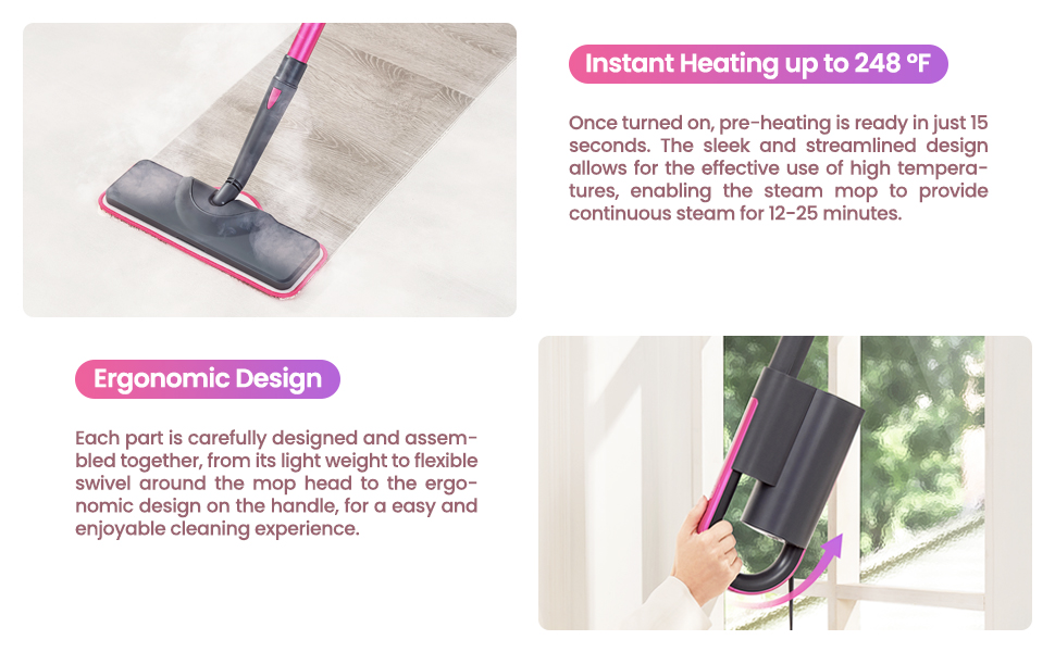 High-temperature, powerful steam, ergonomic design cleaning floor windows and surfaces