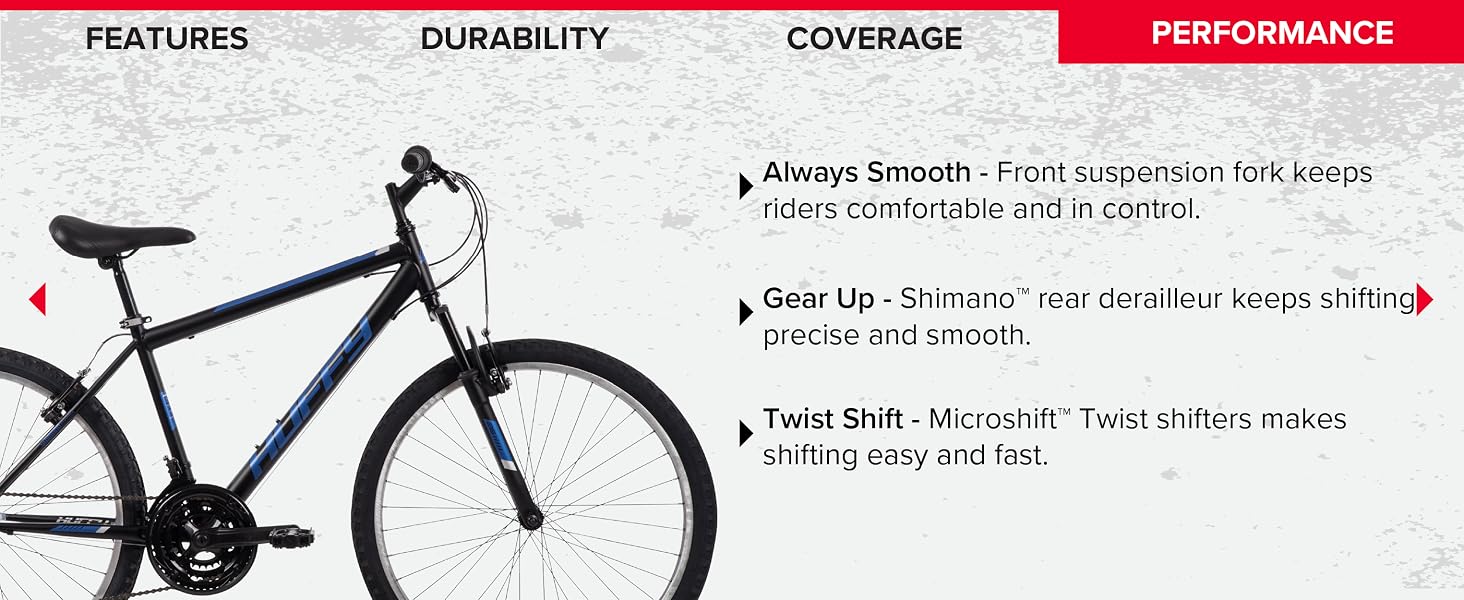 Huffy Stone Mountain mountain bike with front suspension and rugged all terrain tires