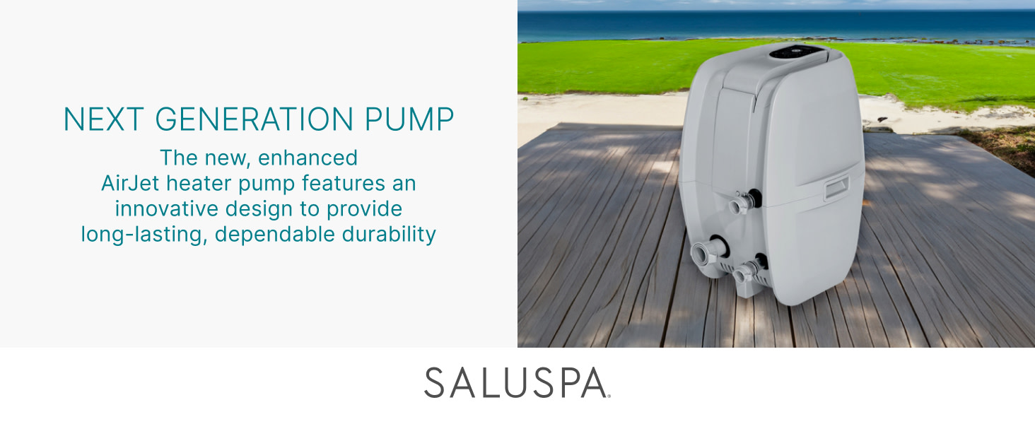 Next Generation AirJet pump on a wooden deck with a beach background and Saluspa text below.