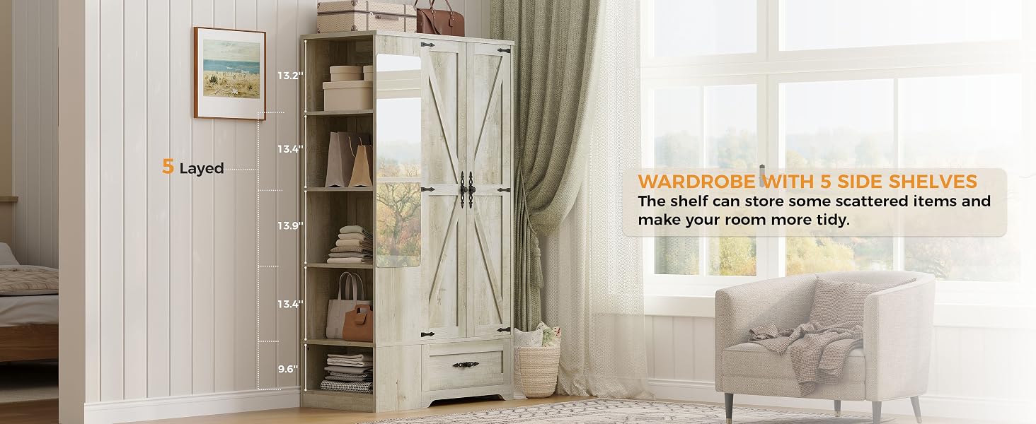 armoire wardrobe closet storage cabinet with doors shelves mirror bedroom closet wooden