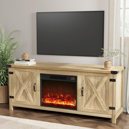 YESHOMY Fireplace TV Stand with Two Barn Doors and Storage Cabinets for Televisions up to 65+ Inch, Entertainment Center Console Table, Media Furniture for Living Room, 58 Inch